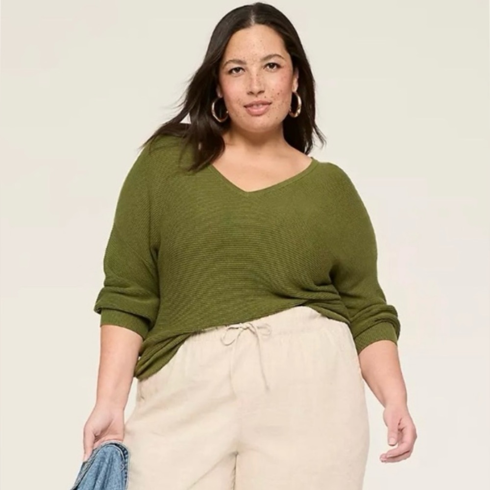 NWT Lane Bryant 3/4-Sleeve V-Neck Ribbed Olive Green Sweater women’s size 22/24
